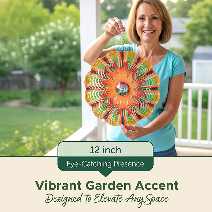 Garden Decor Sun Wind Spinner – 12-in Gazing Sun Hanging Decoration for Yard and – Boho Multicolored Ornament Spinner for Outdoor