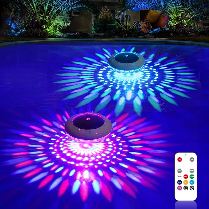 Floating Pool Lights w/Remote, 6.5 Inch RGB Color Changing Solar Pool Lights that Float with 9 Dynamic Lighting, IP68 Waterproof Hangable Solar Floating Light for Pool Garden Weeding Decor(2)