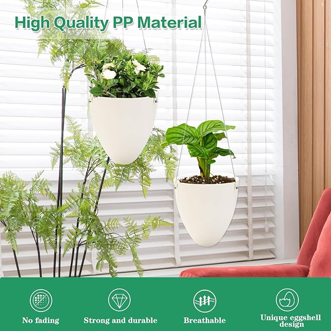 Sungmor 3 Pack Self Watering Hanging Planters, Unique Eggshell Shape Indoor Outdoor Hanging Pots for Plants, Modern White Plastic Flower Pots Home Decor Hanging Basket