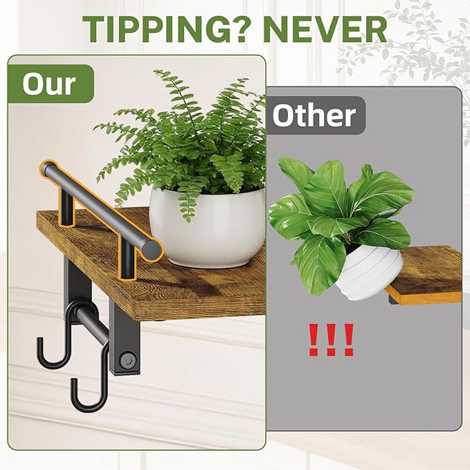 iDavosic.ly Wall Plant Holder Set of 2, 2 Tier Indoor Floating Shelves with 4 Hooks for Hanging Plants, Wall Mounted Space Saving Display Stand for Living Room Bedroom (Pots/Chains Not Included)