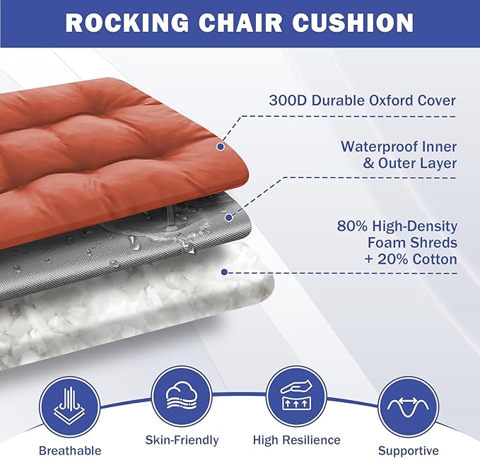 IPYNBAP Rocking Chair Cushion, Waterproof and Fade-Resistant Patio Chair Cushions, Tufted Chair Pads for Rocker Furniture, 17x17 Inch, Indoor/Outdoor Seat Cushions with Ties, Spice (Pack of 2)