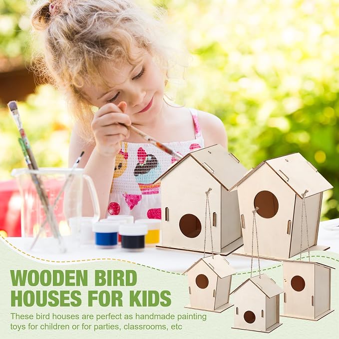 DoubleFill 24 Pcs Bulk Wooden Bird Houses Kits for Kids Mini Bird House for Craft DIY Unfinished Wood Birdhouse to Paint, Build for Children Wooden Arts Classroom Activity, 3 Styles