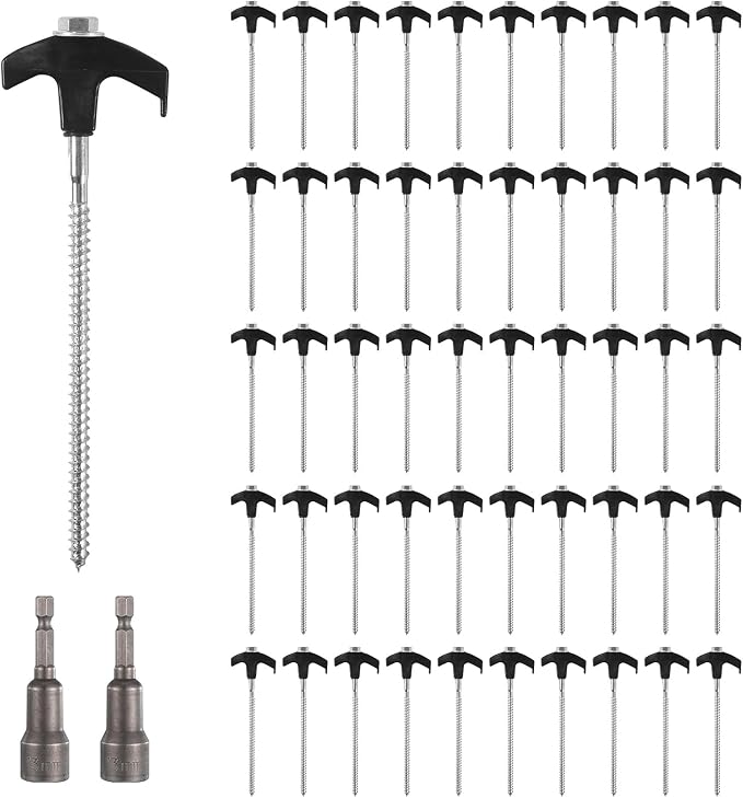 50 Pack 8 Inch Screw in Tent Stakes Heavy Duty Tent Stakes Screw in Ground Camping Stake with Hex Head Driver Metal Pegs Spikes for Camping Garden Yard (Black)