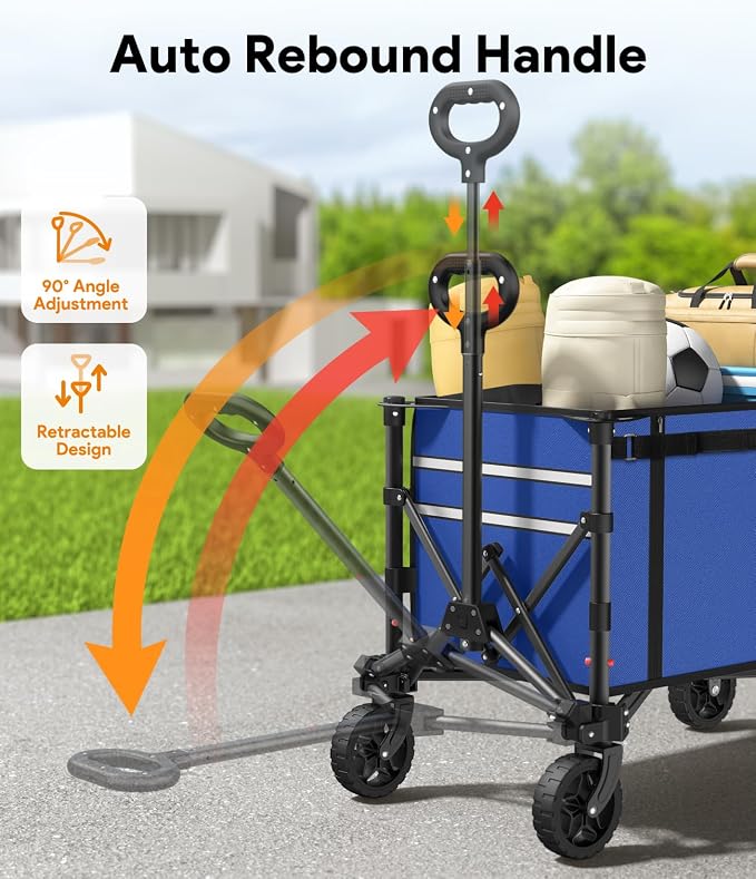 Raynesys Collapsible Wagon Cart with Wheels 220lbs Foldable Wagon 120L Shopping Cart for Groceries Folding Utility Wagon for Beach, Garden, Camping, Sport, Wheelbarrows, Indigo