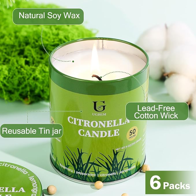 6 Packs 9oz Citronella Candles Outdoor, Natural Soy Wax Camping Candles, 50 Hours Long Burn Time, Plant-Based Essential Oil Large Lemongrass Candle for Patio, Deck, Garden, Backyard, Home Indoor