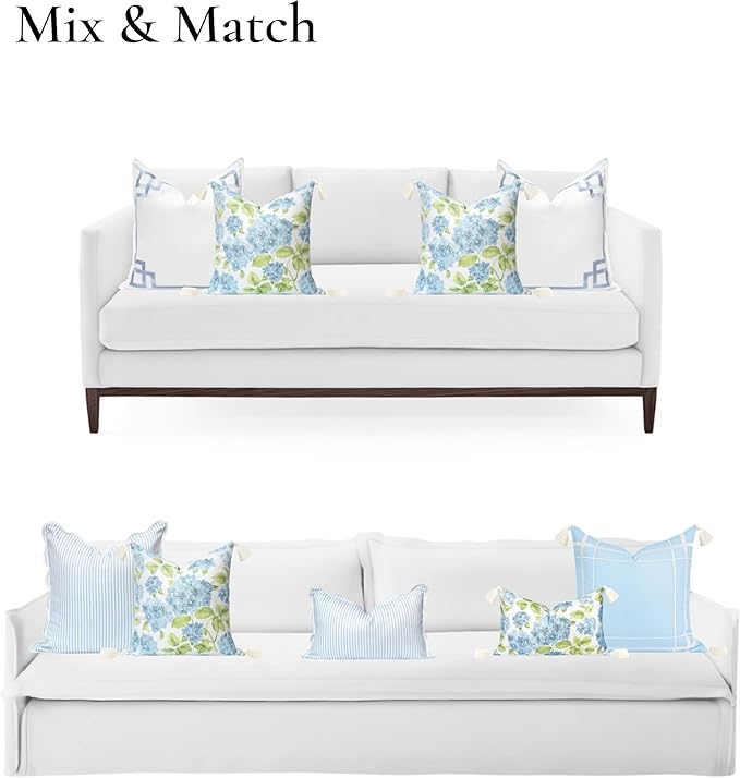 Hofdeco Premium Coastal Patio Indoor Outdoor Throw Pillow Cover Only, 18"x18" Water Repellent for Backyard, Couch, Baby Blue Green Print Sketch Hydrangea Flower