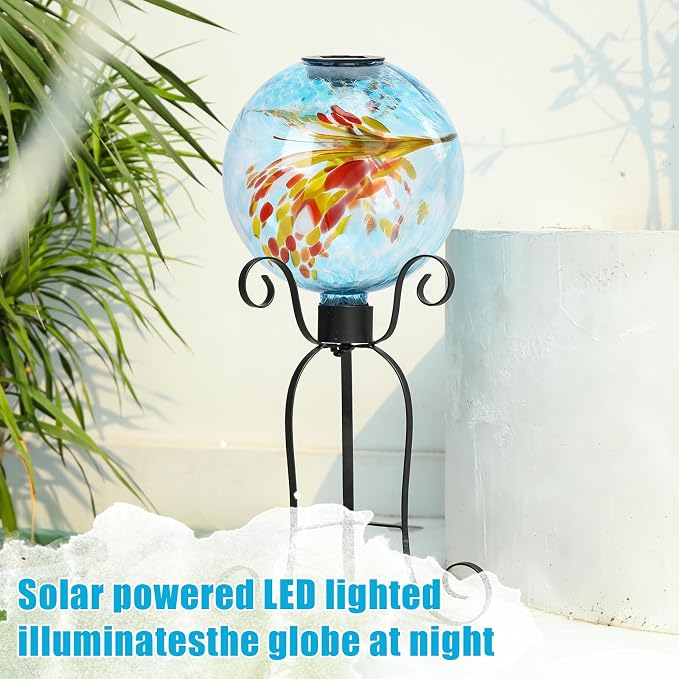 VCUTEKA Solar Gazing Ball, 10" Glass Gazing Balls Sphere with Solar Light for Garden Lawn Outdoor Ornament Yard Decorative, Swirl Lights