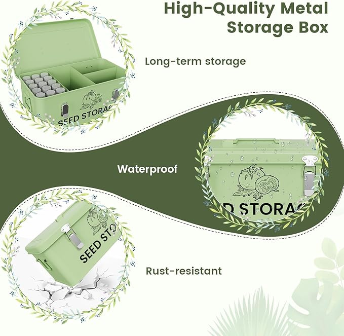 Seed Storage Organizer Box, Metal Seed Box, Garden Seed Organizer with Lid, Seed Containers Storage with 4 Compartments, 30 Seed Holder Organizers, 100pcs Seed Envelopes (Green)