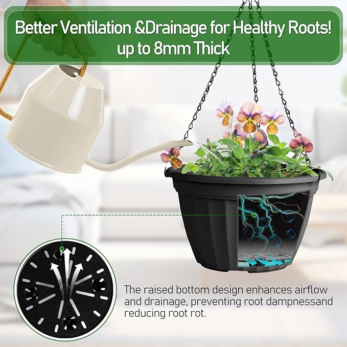 FGstyle 6 Pack Hanging Planters 8 Inch,Self Watering Pots for Indoor Plants,Plastic Hanging Basket with Soil Elevator and 20" Chain for Home Garden Porch Balcony Patio Decor(Black)