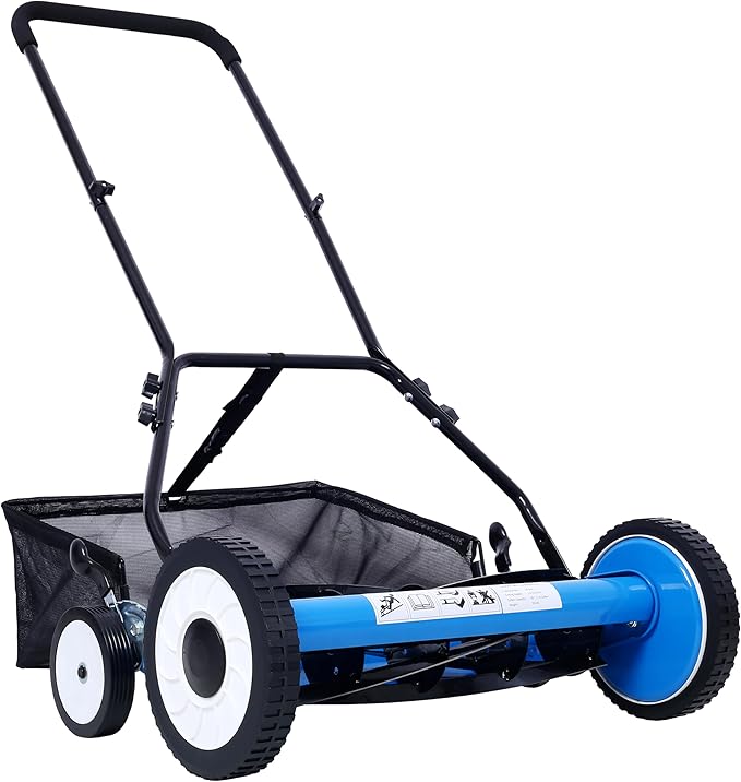 KEIKI 20-Inch Manual Lawn Mower, Push Reel Mowers w/Grass Catcher & Adjustable Cutting Height, 4-Wheels Small Lawnmower with 5 Steel Blades for Graden, Spaces Saving & Easy Assembly, Green