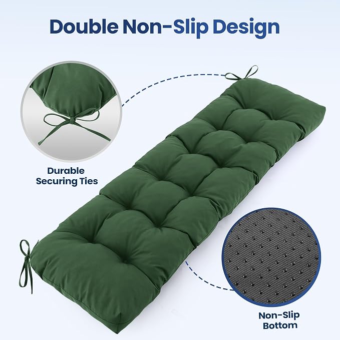 IASEAHK Outdoor Bench Cushion 48x18x5 Inch, Waterproof & Fade-Resistant Patio Furniture Cushions, Tufted Memory Foam Indoor/Outdoor Cushions for Couch Swing with Non-Slip Backing&Straps, Forest Green