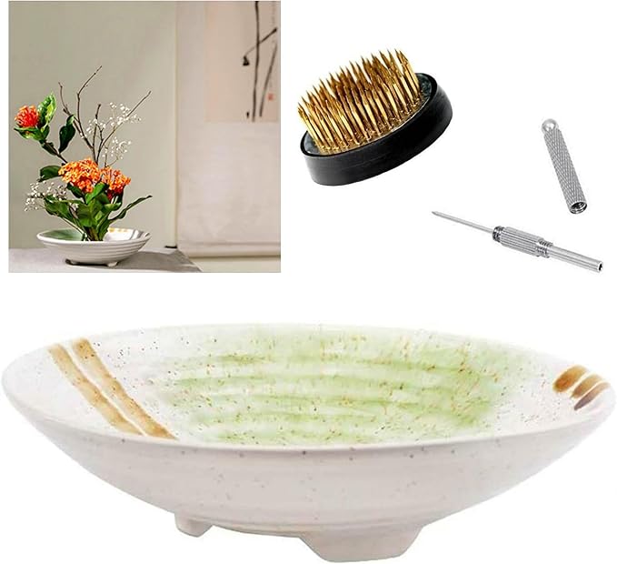 Japanese Ikebana Vase Kit, Flower Shallow Container Ceramics Ikebana Vase with 1.57inch Flower Frog Floristry Kenzan and Floral Frog Needle Straightening Tool (White and Green Bowl)