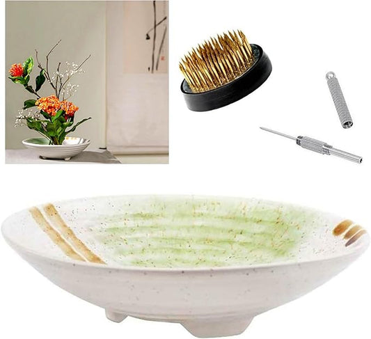 Japanese Ikebana Vase Kit, Flower Shallow Container Ceramics Ikebana Vase with 1.57inch Flower Frog Floristry Kenzan and Floral Frog Needle Straightening Tool (White and Green Bowl)