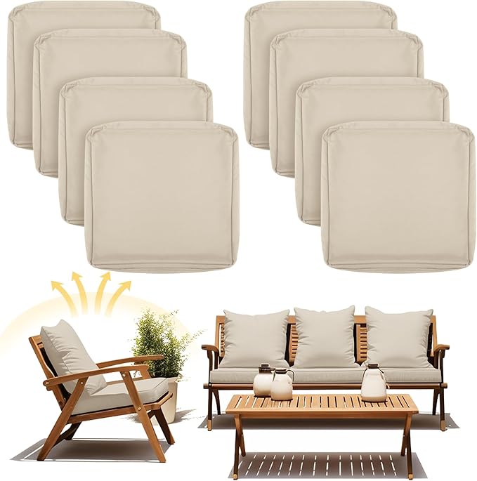 Mindsoft 8 Pcs 24"x24" Patio Cushion Covers Outdoor Cushion Covers Replacement High UV Resistant Anti Slip Waterproof Patio Chair Seat Slipcovers for Outdoor Furniture(Beige)