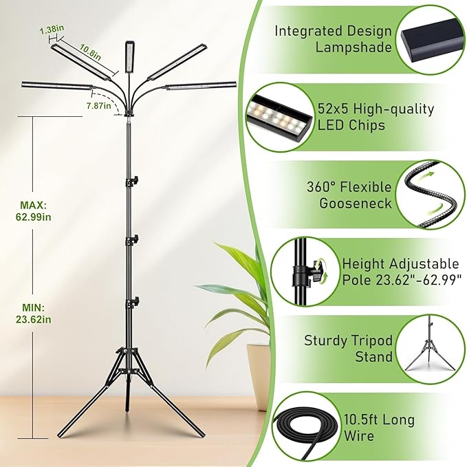 FOXGARDEN Grow Lights for Indoor Plants 5-Head Full Spectrum with Tripod Stand, Timer, Dimmable Flexible Goosenecks for Indoor Potted Plants