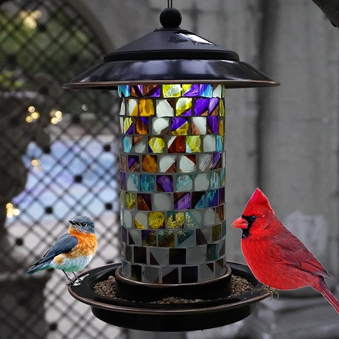 Solar Bird Feeder for Outdoor Hanging - Small Bird Seedes Feeder with Mosaic Stained Glass for Cardinals and Finches - Garden Decor Gift for Parents and Lover (1.5lbs Capacity, Sunset)