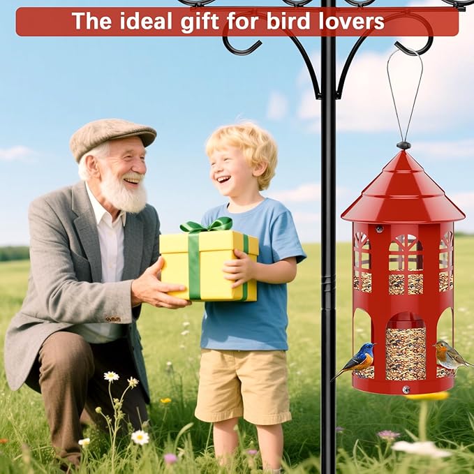 Metal Bird Feeder for Outdoor Hanging, Large Capacity Wild Bird Feeder with Weatherproof Roof & Squirrel-Proof Design, Easy to Fill & Clean, Ideal for Cardinals, Finches, and Blue Jays