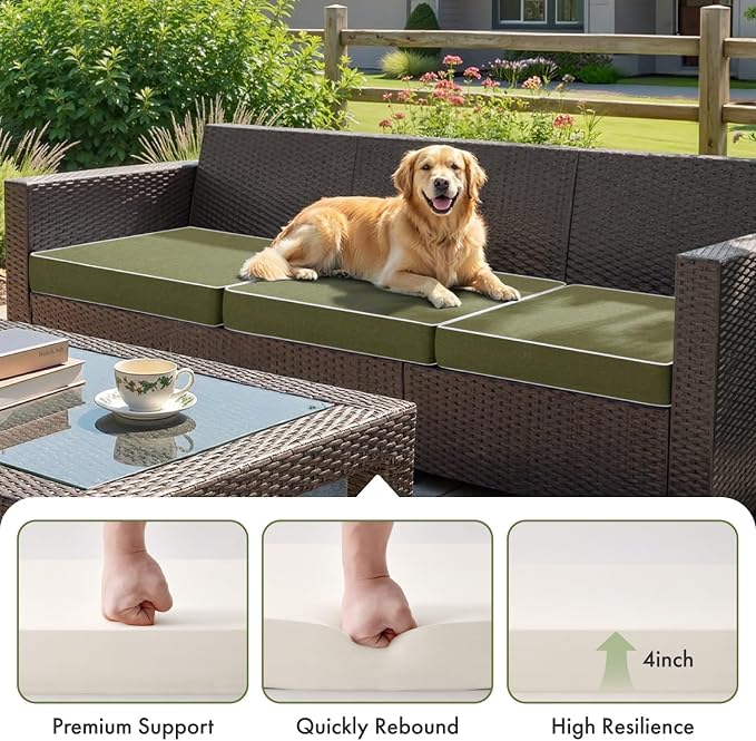 MIULEE Green Outdoor Chair Cushions Set of 2, 24x24x4 Inch Waterproof Patio Seat Cushions for Outdoor Furniture Couch Sofa, 3 Year Color Fastness High Density Foam with Adjustable Ties