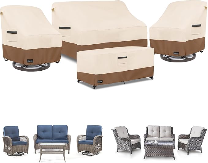 ANartcle Patio Furniture Covers 4 Piece Set, 600D Waterproof Heavy Duty Outdoor Furniture Covers,Fit Wicker Patio Loveseat, Swivel Rocker Chair and Coffee Table,Beige&Brown