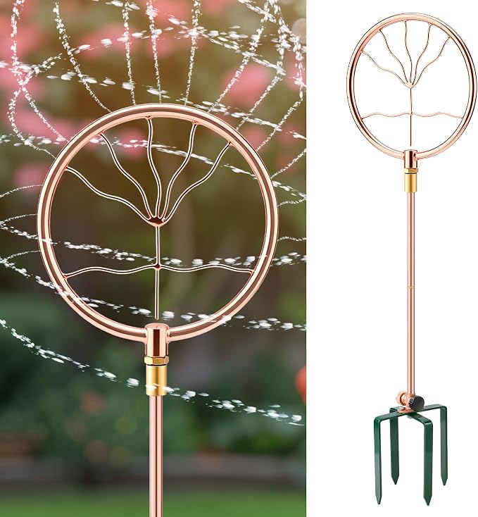34" H Copper Coated Stainless Steel Ornamental Sprinkler, Corrosion Resistant Garden Rotating Sprinkler 360 Degree Shape Decorative for Lawn Garden Landscape(Wave Fan Shape)