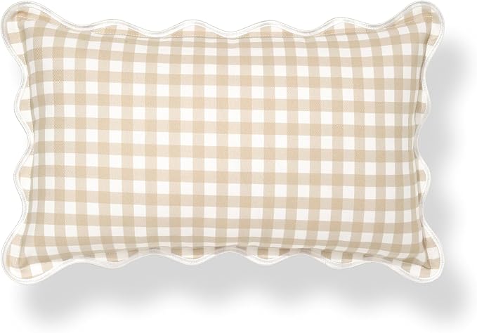 Hofdeco Premium Coastal Hampton Scalloped Patio Indoor Outdoor Lumbar Pillow Cover Only, 12"x20" Water Repellent for Backyard, Couch, Poolside, Neutral Tan Print Gingham