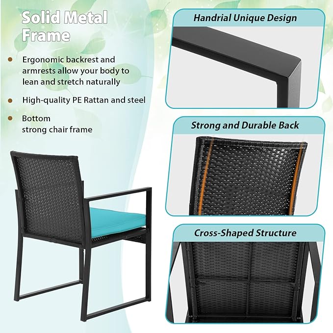 FDW | 3-Piece Patio Furniture Set | Blue | Outdoor Wicker Furniture with Coffee Table | Modern Rattan Chairs Conversation Set | Outdoor Seating | Weather-Resistant | for Porch, Garden, Lawn