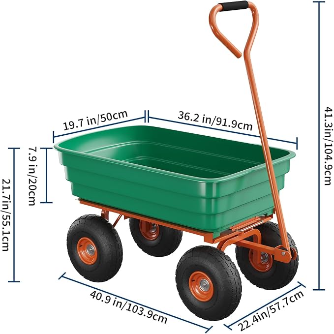 Poly Dump Cart, 4 Cu.Ft. Heavy Duty 600 LBS Garden Cart, 10" No-Flat Tires & 180° Rotating Handle, Rust-Proof Polyethylene Yard Dump Wagon for Yard, Landscaping, Gardening, Quick Release