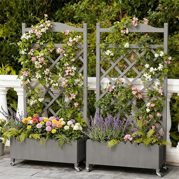 COMHOMA 2 Pack Raised Garden Bed with Trellis and Wheels,48Inch Elevated Planter Box with Drainage Holes,Lattice Privacy Screen for Climbing Plants Vegetables,Outdoor for Patio Balcony Yard,Gray