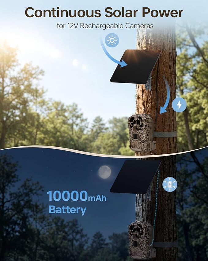 Trail Camera Solar Panel, KJK 6W Solar Battery Charger 12V/1.5A with 10000mAh Built-in Battery, IP67 Waterproof for Cellular & Wireless Hunting Cameras