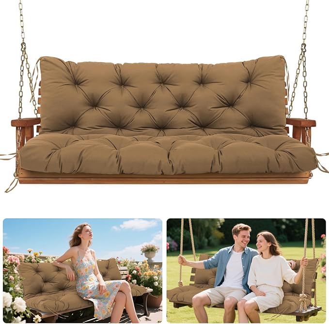 Porch Swing Cushions Outdoor, 5 Inch Thick Waterproof 2-3 Seater Replacement Swing Cushion with Backrest and Anti-Slip Ties, Perfect for Porch, Patio, Garden, Outdoor Bench Furniture, 60×40×5 Inch