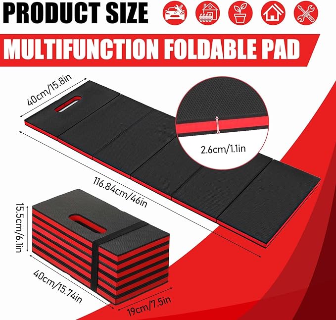SHENLIU Foldable EVA Utility Mat with Handle, Heavy Duty Mechanic Mat for Kneeling, Workouts, Garages, Gardening, Camping, Picnics, Outdoor Adventures and Home Gyms, Red (46" x 15.8" x 1.1")