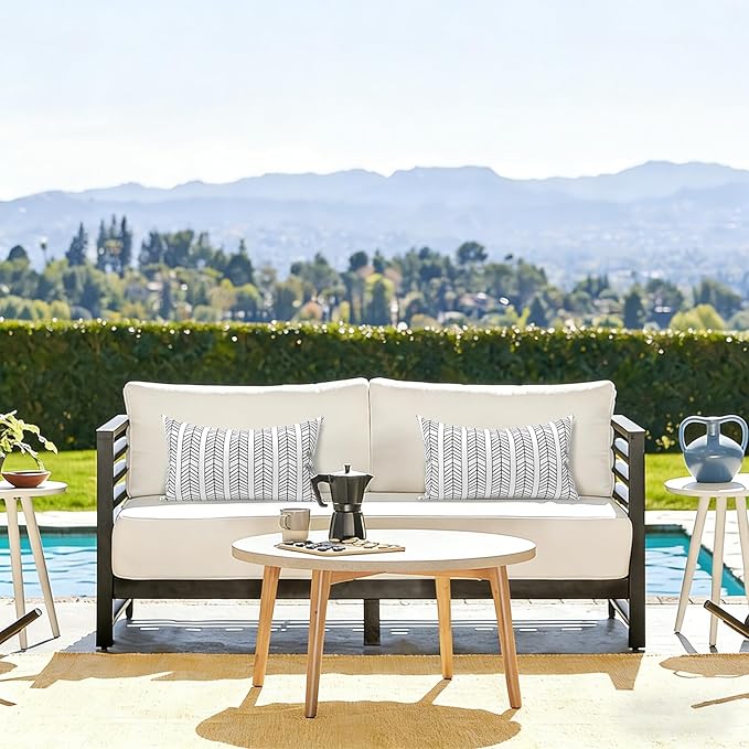 LVTXIII Set of 2 Patio Lumbar Pillows, 12”x20” Fade Resistant Outdoor Lumbar Pillow with Inners, Fluffy Decorative Garden Lumbar Cushions for Home Patio Coach Sofa Use, Herringbone Black White