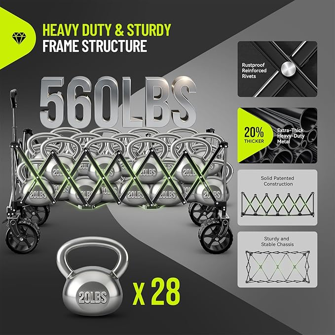 Hikemoon 54" Long Collapsible Wagon 400L Extra Large, Wagons Carts Foldable with Big All-Terrain Wheels, 560LBS Heavy Duty, Utility Folding Cart for Beach, Camping, Grocery, Sports, Garden, Black
