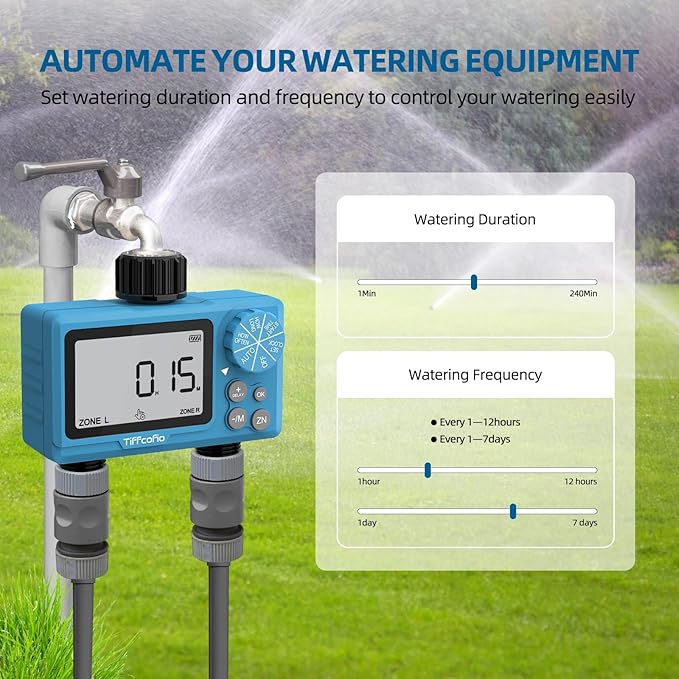 TiFFCOFiO Sprinkler Timer Outdoor, Digital Programmable for Garden Hose, Irrigrtion Timer with Rain Delay and Manual Mode (2 Oulets, 1 Pack)