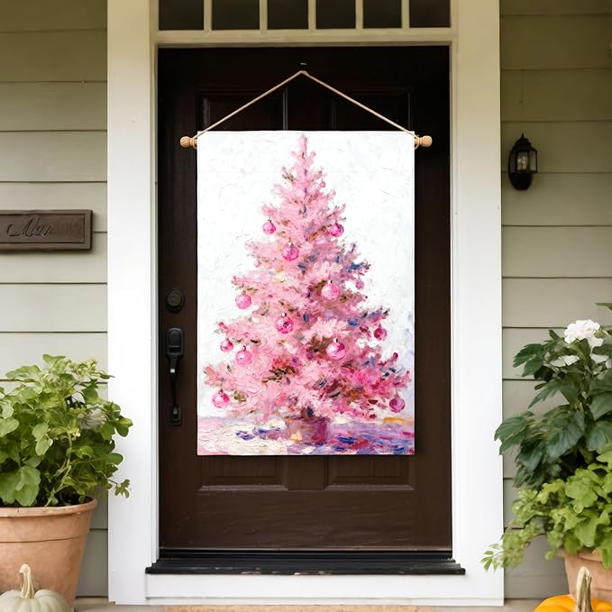 Christmas House Flag 28x40 Inch Pastel Pink Xmas Tree Ball Winter Holiday Decorative Garden Flags for Outside Double Sided Seasonal Outdoor Home Farmhouse Decoration Porch Yard New Year Decor
