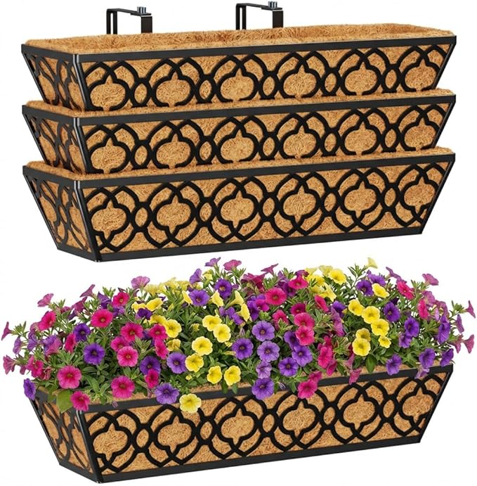 Y&M 4pcs 24 Inch Window Deck with Coconut Coir Liner, 24" Railing Planter Horse Trough Coco Basket Boxes Metal Hanging Flower Balcony for Outdoor Garden Fence Lawn