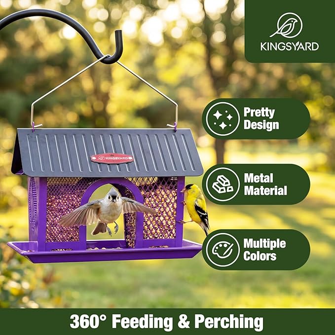 Kingsyard Bird Feeder for Outdoors Hanging, Dual-Use Metal Mesh Wild Bird Feeders with Seed Tray & Weatherproof Roof, 3 lbs Large Capacity, Purple