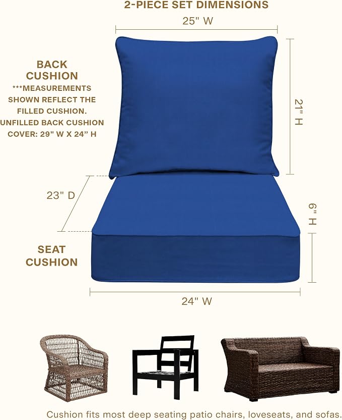 Honeycomb Outdoor Heritage Deep Seat, 24 x 23, Textured Solid Sapphire Blue Chair Cushion with Removable Cover, for Patio Furniture