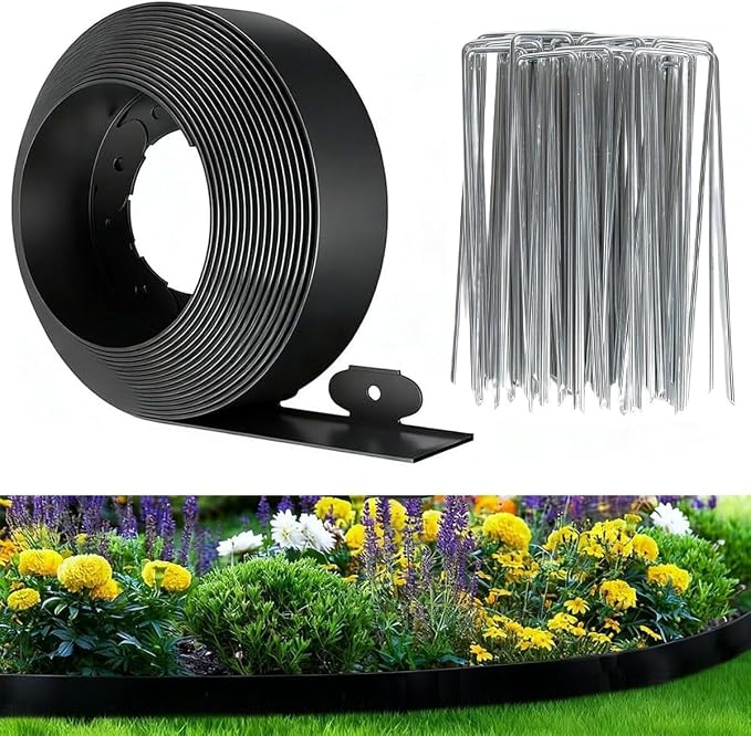 66Ft 3IN Landscape Edging,Garden Edging Border Kit with 100pcs Metal Stakes,Plastic Edging for Landscaping, Flexible Tool-Free Lawn Border for Flower Bed,Yard,Tree,Grass,Pathway-Black