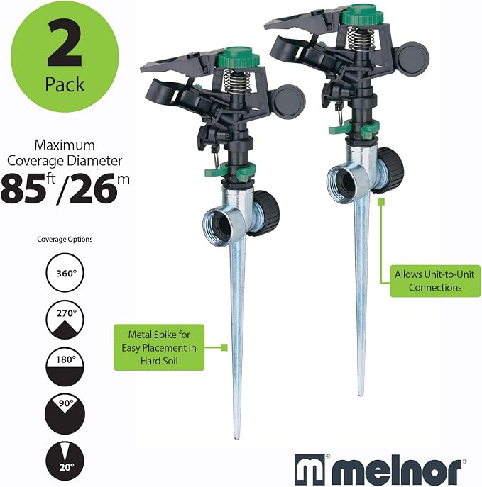 Melnor 65176AMZ Pulsating Sprinkler Set, 2 Pack, Waters Up to 85 Ft. Diameter, Metal Spike Base, Quick Connect Bundle, Black, Green