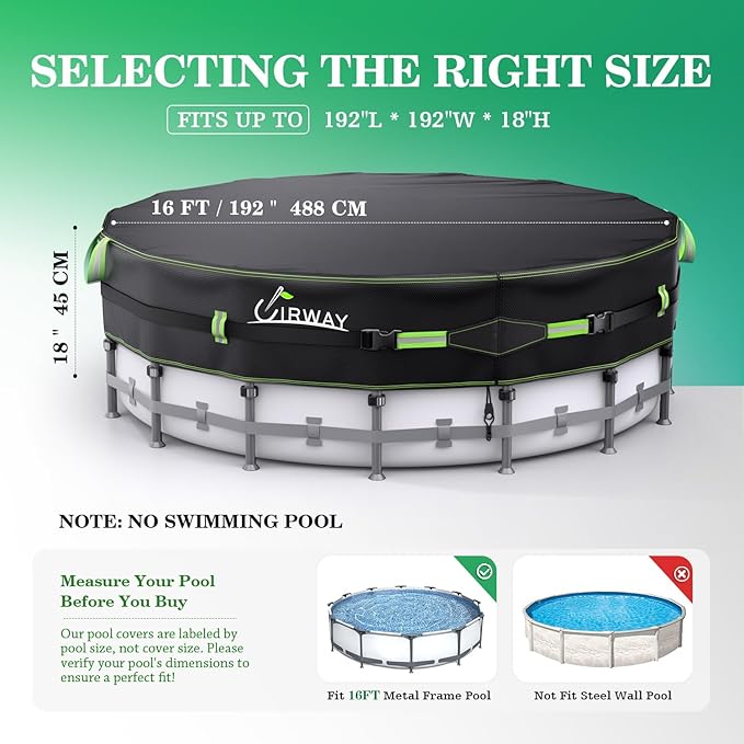 UIRWAY 500D Pool Cover 16FT Round [2026 Upgraded Heavy Duty Fabric] Solar Pool Covers for Above Ground Pools, New Super Windproof Gel-Coated Tarp Straps, Swimming Pool Covers with UV Protection