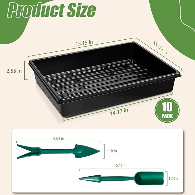 mwellewm 10 Pcs Seed Starter Tray Kit 1014 Seed Starting Trays Square Seedling Plant Tray Planting Sturdy Microgreens Growing Trays Reusable Germination Tray Indoors No Holes, 14x11x2.5In