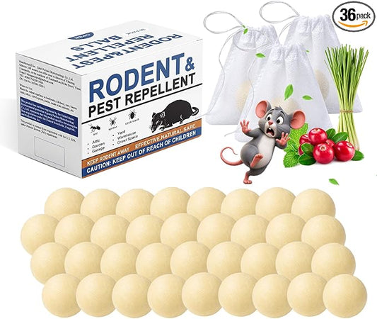 Mouse Repellent Balls 36 Pack, Peppermint Rodent Repellent for Mice and Rats, Natural Mouse Deterrent Indoor Outdoor, Long Lasting Pest Control for Home, Garage, Basement, Attic, Car