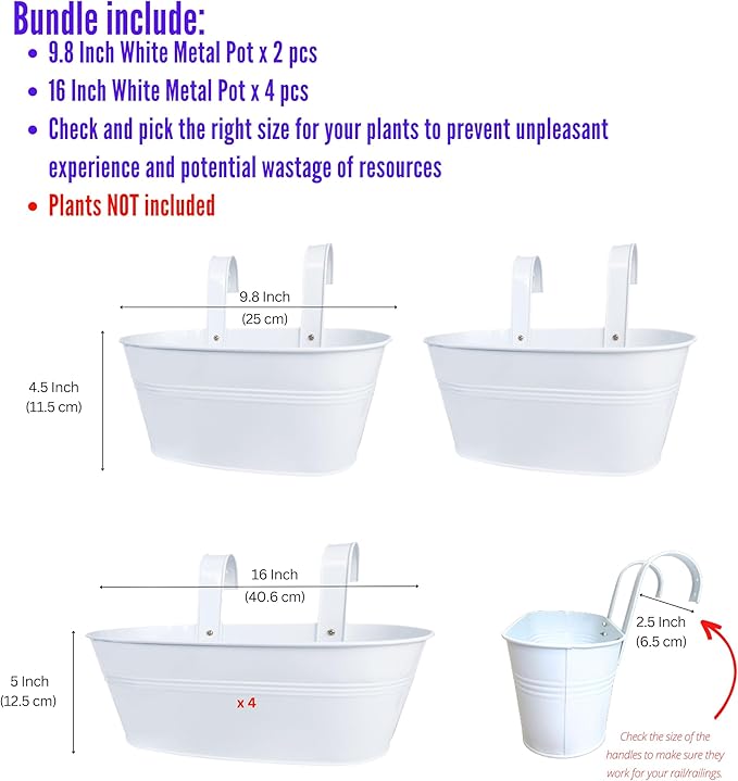 LaLaGreen Bundle- 2 Pack, 9.8 Inch + 4 Pack, 16 Inch White Metal Pot Window Hanging Flower Bucket Railings Fence Outdoor Herb Plant Boxes with Hook Wall Mount Boho Style Garden Porch Patio Deck Decor