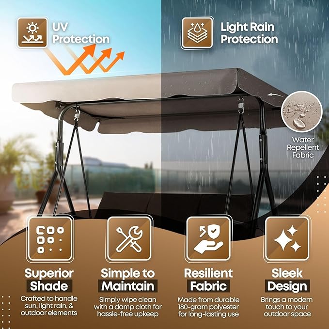Flexzion Replacement Canopy for Outdoor Swing - 66" X 45" 2 Seat Bench Glider Swings Shade Fabric UV Weather Waterproof for Outdoor Garden Patio Yard Park Porch Seat Furniture, Beige