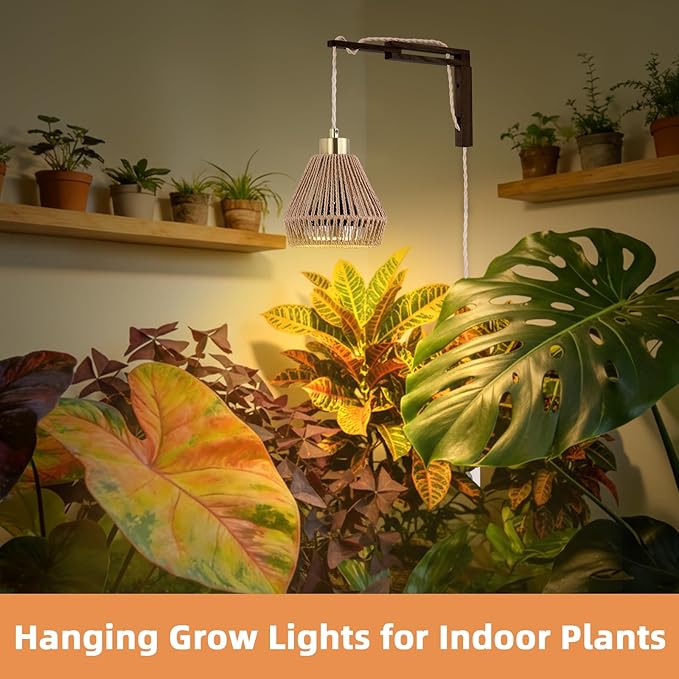 Hanging Grow Lights for Indoor Plants - 35W 4000K Full Spectrum Plant Light, Wall Mounted Grow Light with Wooden Bracket, Timer, 15FT Power Cord, Ideal for Plants, Flowers & Home Decor