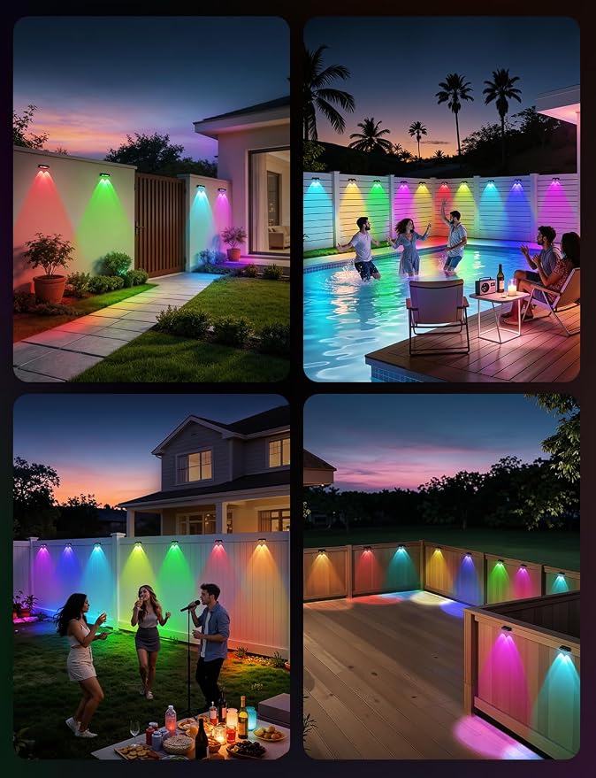 Solar Fence Lights 8 Pack 9 Colors & 11 Lighting Modes Solar Wall Lights Outdoor Waterproof IP65 RGB Color Changing Fence Lights Solar Powered for Garden Yard Patio Deck Step Patio Wall