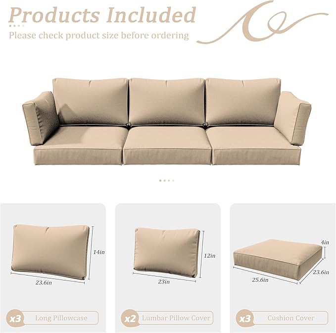 8p Outdoor Cushion Slipcovers Outdoor Patio Cushions Covers Replacement Waterproof with Zipper for 3-Seat Rattan Sofa Patio Furniture Cushion Covers, Covers Only