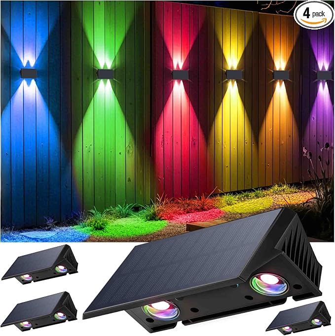 Fence Lights Solar Powered, 4-Pack Solar Fence Lights Up/Down Flexible Buttons, IP67 Waterproof for Outdoor, 100LM Bright, Auto Dusk to Dawn for Wall/Stairs/Yard/Railing/Deck/Pathway (White & RGB)