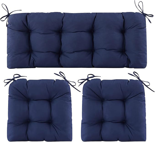 Wicker Chair Cushions of 3 Pieces, Waterproof Cushions for Patio Furniture, Tufted Wicker Outdoor Furniture Cushions, 1 Patio Loveseat Cushion and 2 U-Shaped Cushions, 44"x19"x5", Navy Blue